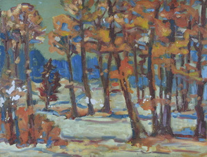 Werkverzeichnis Nr. 1127, 20.1.1979, Wintertag bei Kerschlach,   Öl auf Karton, 37,2 x 48,3 cm, 
						bez. auf der Rückseite des Gemäldes: Trueber Wintertag bei Kerschlach, 20.1.79 Langlauf 